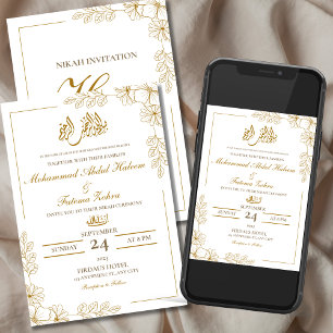 Invitation Cadre Floral Doré Élégant Papier Blanc Moderne Nik