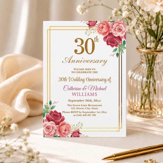 Invitation Cadre floral doré pour les 30 ans de mariage (Créateur téléchargé)