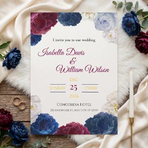 Invitation Cadre floral élégant bleu marine et rouge