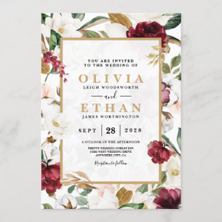 Invitation Cadre floral élégant de magnolia bordeaux et verdu