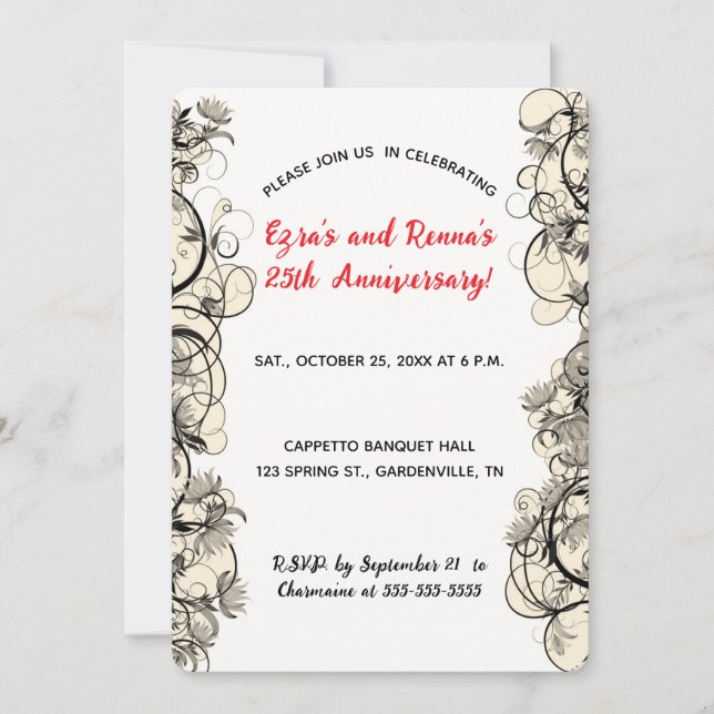 Invitation Cadre floral élégant noir et blanc modifiable (Devant)