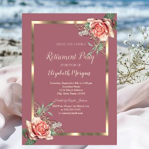 Invitation Cadre floral élégant or Roses Retraite