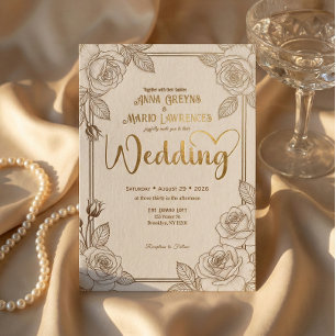 Invitation Cadre floral en feuille d'or faux ivoire romantiqu