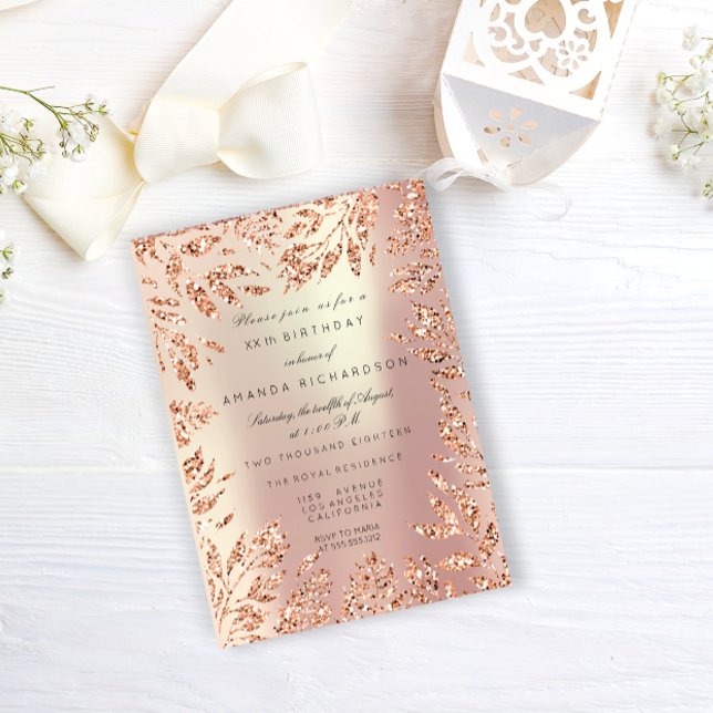 Invitation Cadre floral feuilles de strass doré rose nacré (Pink Rose Gold Glitter Leafs Floral Frame Pearly Invitation)