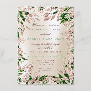 Invitation Cadre floral feuilles pailletées vert ivoire et or
