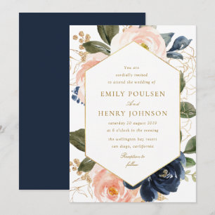 Invitation Cadre floral marine et rose bleu mariage d'aquarel