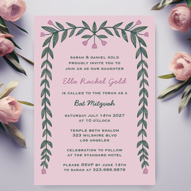 Invitation Cadre floral moderne barre personnalisée Bat mitzv (Floral Frame Modern Custom Bar Bat Mitzvah Girl Invitation
)