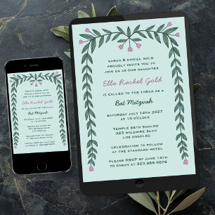 Invitation Cadre floral moderne barre personnalisée Bat mitzv