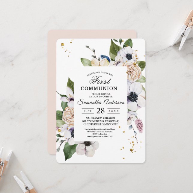 Invitation Cadre Floral Moderne Élégant et gouttes d'or (Devant/Arrière en situation)