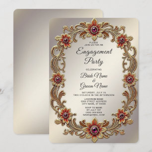 Invitation Cadre Floral Or avec Fiançailles Pierre Rouge