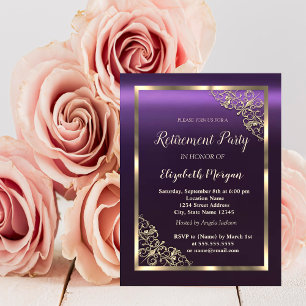 Invitation Cadre floral or élégant pour retraite violet 