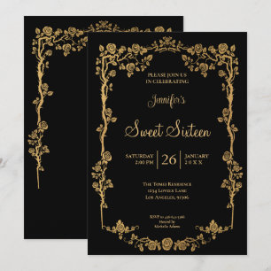 Invitation Cadre floral orné d'or Sweet 16