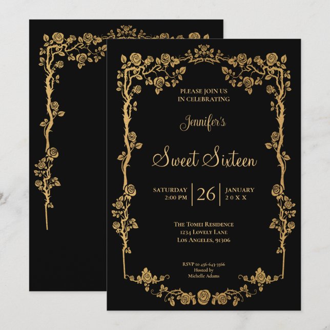 Invitation Cadre floral orné d'or Sweet 16 (Devant / Derrière)