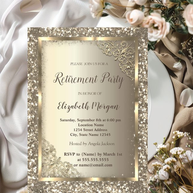 Invitation Cadre floral pailleté or chic pour retraite  (Créateur téléchargé)
