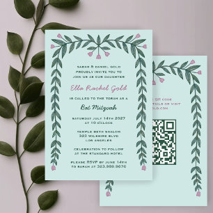 Invitation Cadre floral personnalisé QR Code Bat mitzvah fill