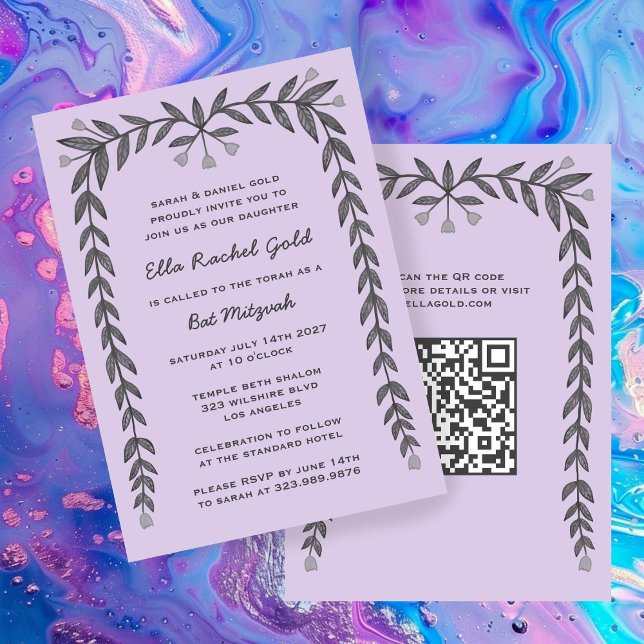 Invitation Cadre floral personnalisé QR Code moderne BarBat M (Floral Frame Custom QR Code Modern BarBat Mitzvah Invitation
)