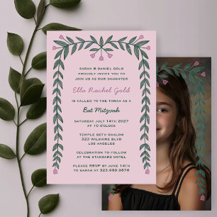 Invitation Cadre Floral Photo Bat mitzvah personnalisé fille