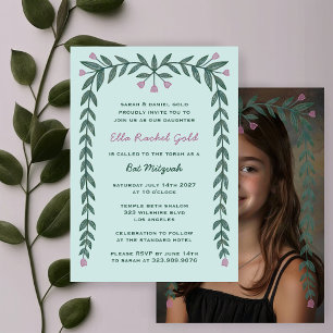Invitation Cadre Floral Photo Bat mitzvah personnalisé fille