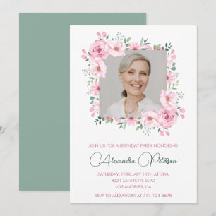 Invitation Cadre floral photo rose vert 87e anniversaire