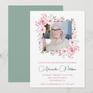 Invitation Cadre floral photo rose vert 98e anniversaire