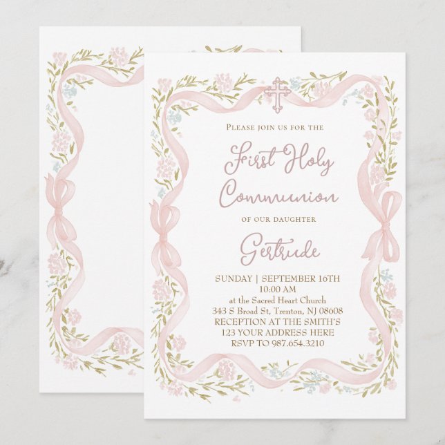 Invitation cadre floral Première Sainte Communion (Devant / Derrière)