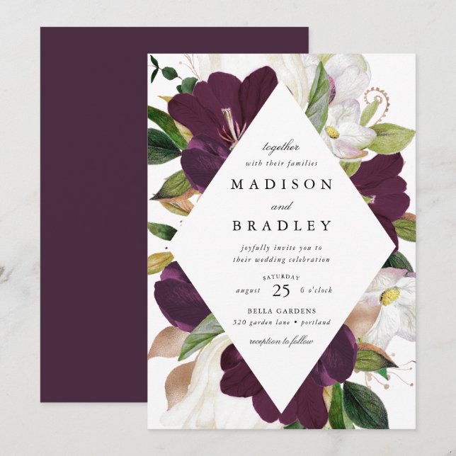 Invitation Cadre Floral Prune Foncé | Mariage (Devant / Derrière)