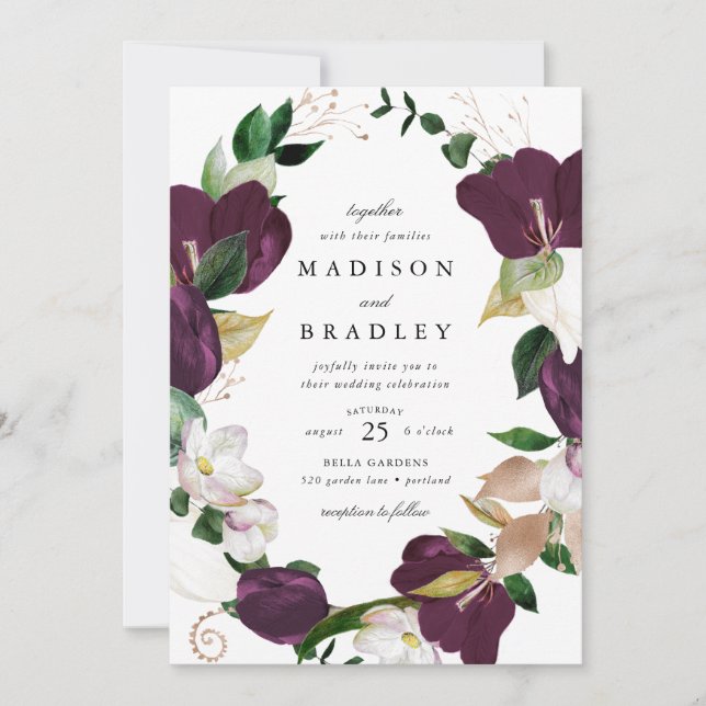 Invitation Cadre floral prune foncé | Mariage (Devant)
