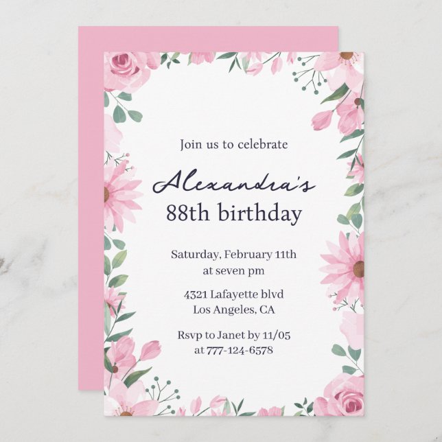Invitation Cadre floral rose 88e anniversaire (Devant / Derrière)