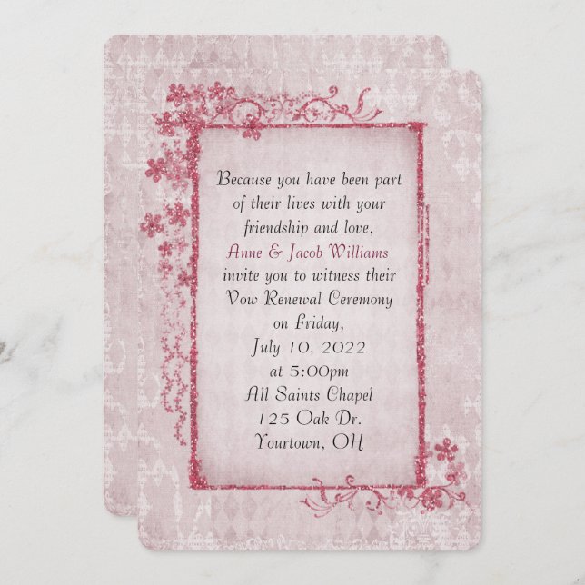 Invitation cadre floral rose antique pour Vow Renewal (Devant / Derrière)