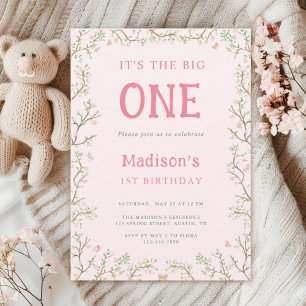 Invitation Cadre floral rose et vert 1er anniversaire