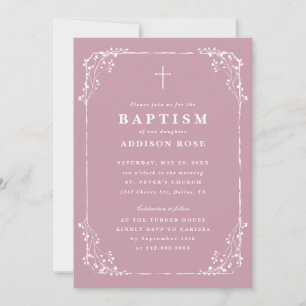 Invitation Cadre Floral Rose Poussiéreux Classique pour Baptê