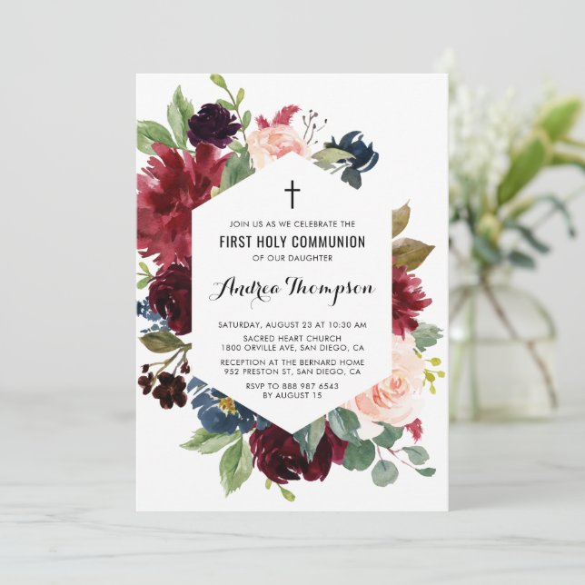 Invitation Cadre floral rouge et bleu Première communion sain (Debout devant)
