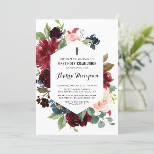 Invitation Cadre floral rouge et bleu Première communion sain
