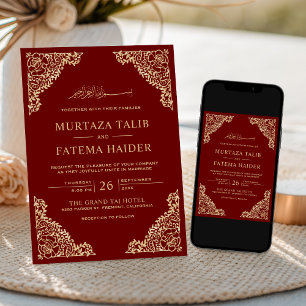 Invitation Cadre floral Rouge et or Mariage musulman musulman