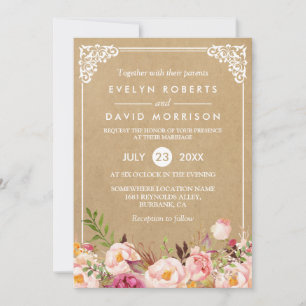 Invitation Cadre Floral Rustique Classique Kraft   Mariage of
