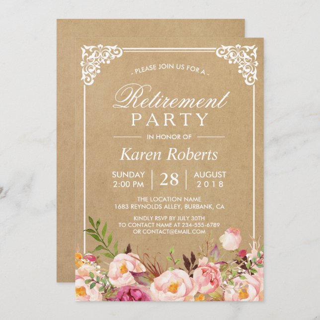 Invitation Cadre Floral Rustique Kraft | Retraite (Devant / Derrière)