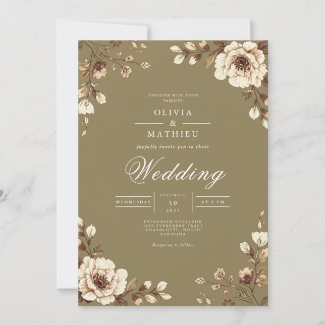 Invitation Cadre Floral vieilli Mariage rustique (Devant)