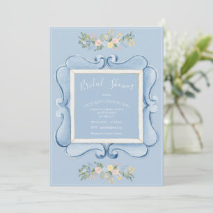 Invitation Cadre Floral Vintage Bleu Élégant pour Mariage