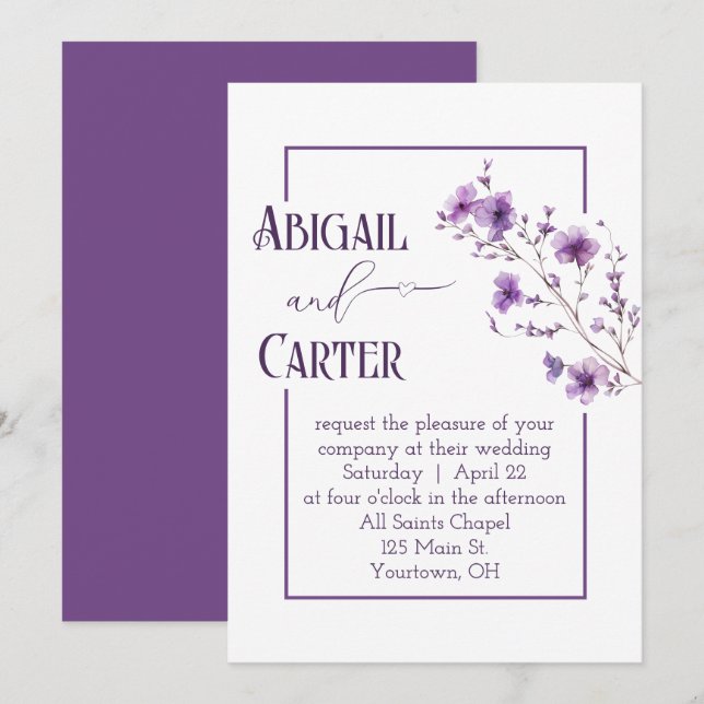 Invitation Cadre floral violet de mariage sur fond blanc (Devant / Derrière)