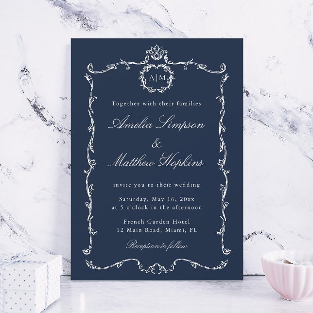 Invitation Cadre français Classique Moderne Mariage Bleu Nuit (Créateur téléchargé)