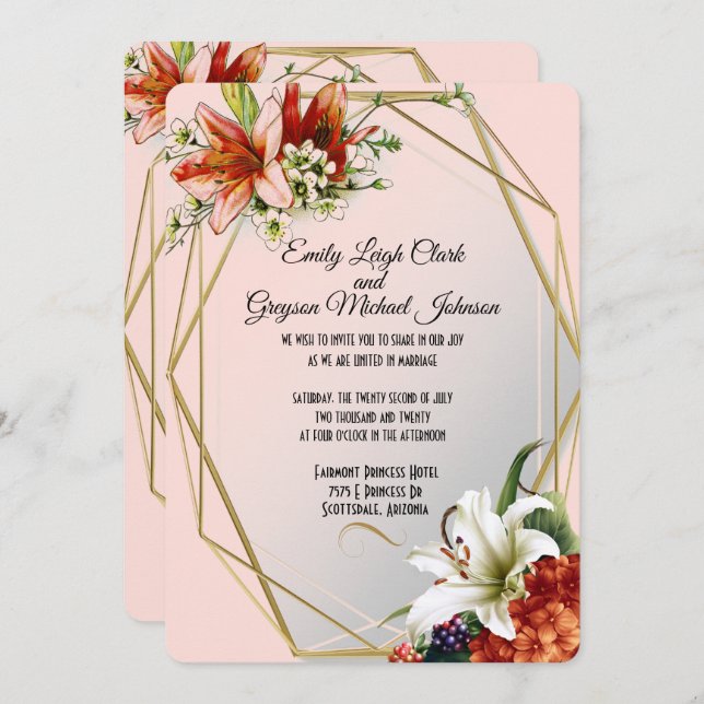 Invitation Cadre géométrique avec Mariage de Lys tropicaux (Devant / Derrière)