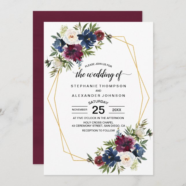 Invitation Cadre géométrique Bourgogne Mariage de fleurs de m (Devant / Derrière)