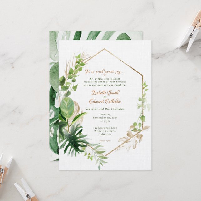 Invitation Cadre Géométrique Doré Feuilles Vertes Tropicales  (Devant/Arrière en situation)