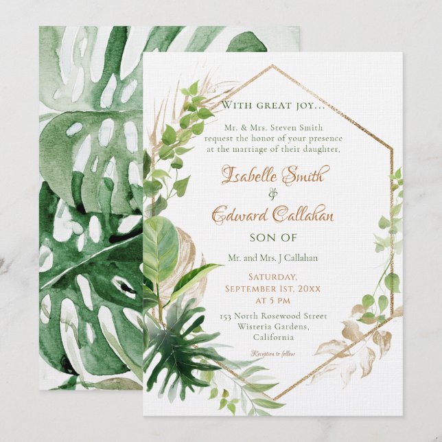 Invitation Cadre Géométrique Doré Feuilles Vertes Tropicales  (Devant / Derrière)