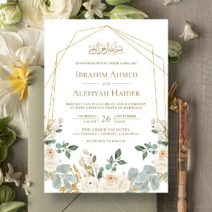 Invitation Cadre géométrique doré Fleurs islamiques de mariag