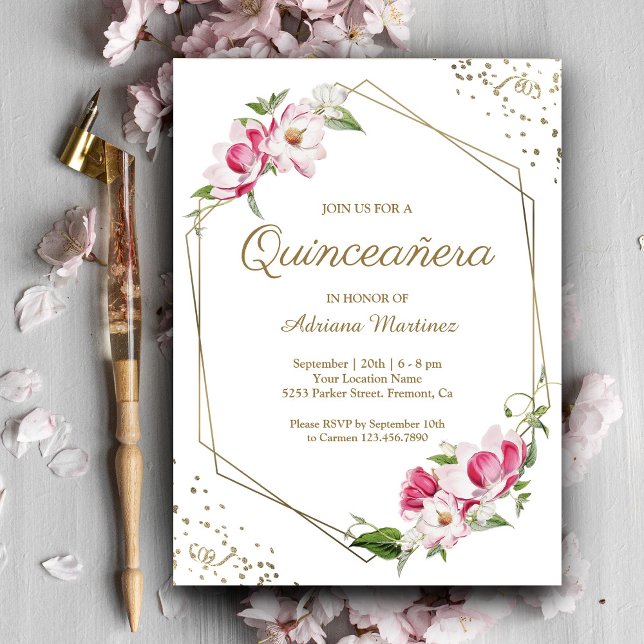 Invitation Cadre géométrique en or rose Floral Quinceanera (Créateur téléchargé)
