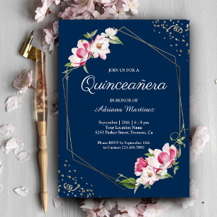 Invitation Cadre géométrique floral Quinceanera bleu marine