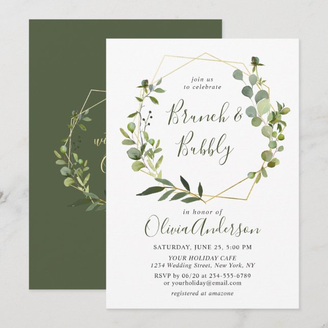 Invitation Cadre géométrique moderne d'eucalyptus Brunch & Bu (Devant / Derrière)
