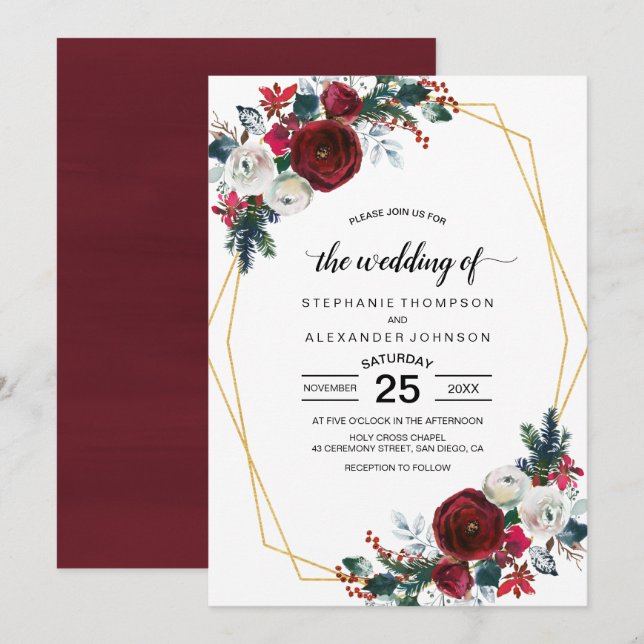 Invitation Cadre géométrique Or Bourgogne Fleurs d'hiver (Devant / Derrière)