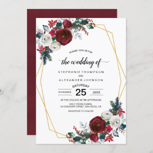 Invitation Cadre géométrique Or Bourgogne Fleurs d'hiver